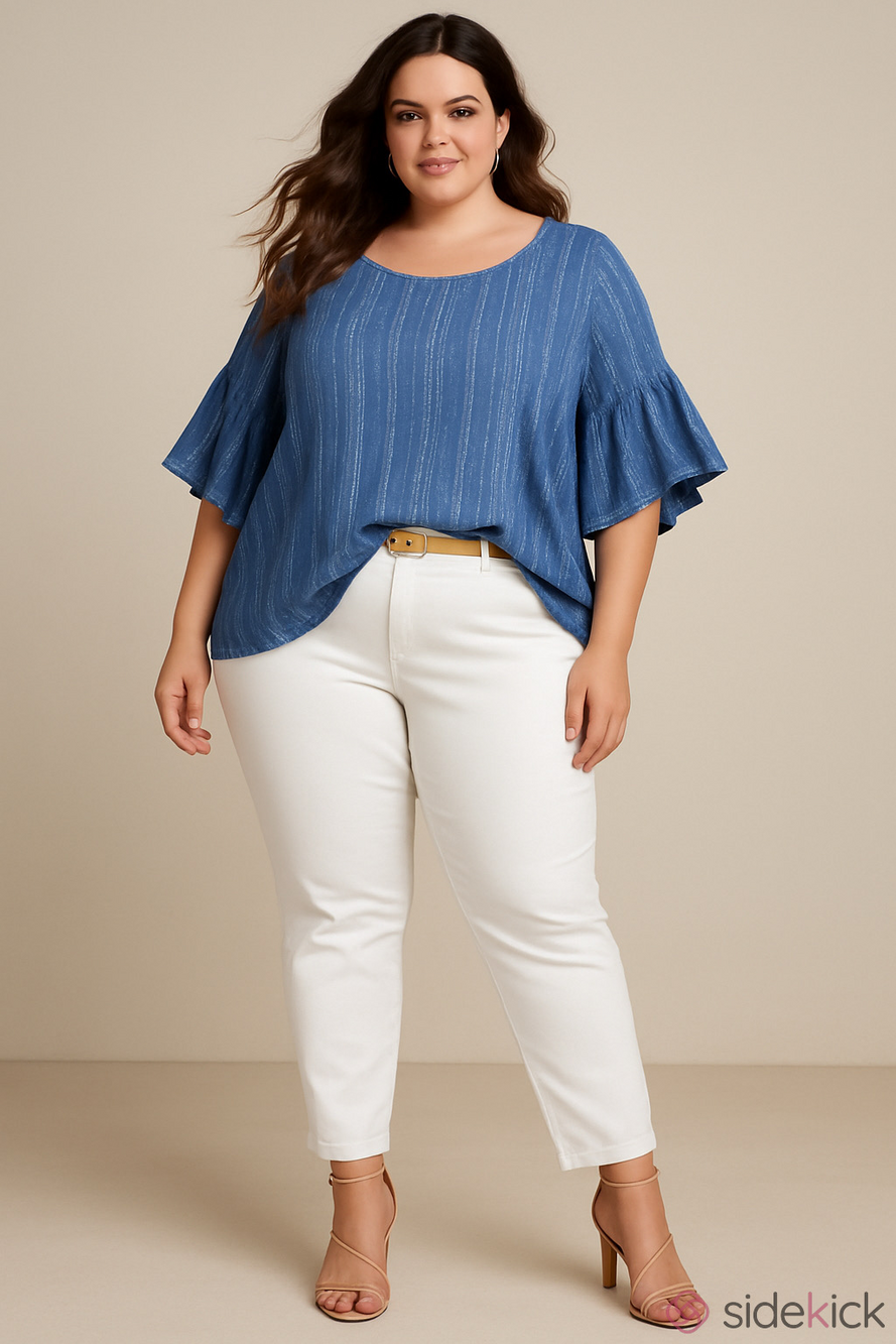 W5 Striped Top, Three Quarter Ruffle Sleeve, Blue, White, Size 3X - Picture 17 of 17